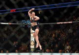 DENVER, CO - JANUARY 28: Valentina Shevchenko celebrates her win over Julianna Pe�a in their Bantamweight bout during the UFC Fight Night January 28, 2017 at Pepsi Center. Shevchenko defeated Pe�a on the submission hold in the second round. (Photo By John