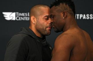 ALBANY, NY - DECEMBER 08: (L-R) Opponents Anthony Hamilton and Francis Ngannou face off during UFC Fight Night weigh-ins at the Hilton Albany on December 8, 2016 in Albany, New York. (Photo by Patrick Smith/Zuffa LLC/Zuffa LLC via Getty Images)