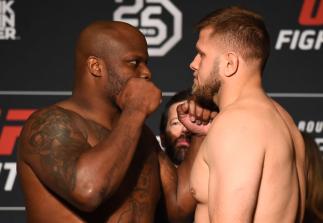 AUSTIN, TX - FEBRUARY 17: (L-R) Opponents Derrick Lewis and Marcin Tybura of Poland face off during the UFC Fight Night Weigh-in at the JW Marriott hotel on February 17, 2018 in Austin, Texas. (Photo by Josh Hedges/Zuffa LLC/Zuffa LLC via Getty Images)