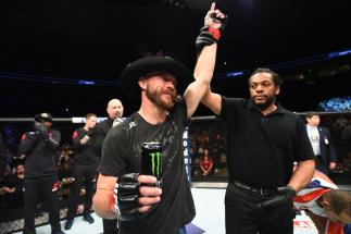 AUSTIN, TX - FEBRUARY 18: Donald Cerrone celebrates after defeating Yancy Medeiros by KO in their welterweight bout during the UFC Fight Night event at Frank Erwin Center on February 18, 2018 in Austin, Texas. (Photo by Josh Hedges/Zuffa LLC/Zuffa LLC v