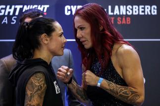 BRASILIA, BRAZIL - SEPTEMBER 22: Catchweight fighters Cris Cyborg Justino (R) of Brazil and Lina Lansberg of Sweden face off during Ultimate Media Day at Windsor Brasilia Hotel on September 22, 2016 in Brasilia, Brazil. (Photo by Buda Mendes/Zuffa LLC/Zuf