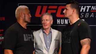 BRISBANE, AUSTRALIA - MARCH 18: (L-R) Opponents Mark Hunt of New Zealand and Frank Mir face off during the UFC Ultimate Media Day at the Brisbane Marriott Hotel on March 18, 2016 in Brisbane, Australia. (Photo by Josh Hedges/Zuffa LLC/Zuffa LLC via Gett