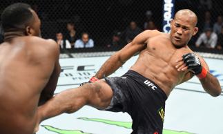 CHARLOTTE, NC - JANUARY 27: (R-L) Ronaldo Souza of Brazil kicks Derek Brunson in their middleweight bout during a UFC Fight Night event at Spectrum Center on January 27, 2018 in Charlotte, North Carolina. (Photo by Josh Hedges/Zuffa LLC/Zuffa LLC via Ge