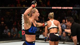 CHICAGO, IL - JULY 23: (L-R) Felice Herrig celebrates after defeating Kailin Curran by submission in their women's strawweight bout during the UFC Fight Night event at the United Center on July 23, 2016 in Chicago, Illinois. (Photo by Josh Hedges/Zuffa LL