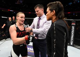DENVER, CO - JANUARY 28: (L-R) Valentina Shevchenko of Kyrgyzstan and UFC women's bantamweight champion Amanda Nunes speak to Brian Stan during the UFC Fight Night event at the Pepsi Center on January 28, 2017 in Denver, Colorado. (Photo by Josh Hedges/Z