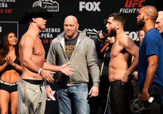 DENVER, COLORADO - JANUARY 27: (L-R) Donald Cerrone and Jorge Masvidal face off during the UFC Fight Night weigh-in at the Pepsi Center on January 27, 2017 in Denver, Colorado. (Photo by Josh Hedges/Zuffa LLC/Zuffa LLC via Getty Images)