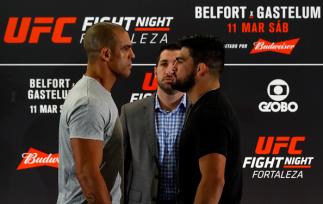 FORTALEZA, BRAZIL - MARCH 09: Middleweight fighters Vitor Belfort (L) of Brazil and Kelvin Gastelum of the United States face off during Ultimate Media Day at Gran Marquise Hotel on March 09, 2017 in Fortaleza, Brazil. (Photo by Buda Mendes/Zuffa LLC/Zuff