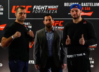 FORTALEZA, BRAZIL - MARCH 09: Light heavyweight fighters Mauricio Shogun (L) of Brazil and Gian Villante of the United States face off during Ultimate Media Day at Gran Marquise Hotel on March 09, 2017 in Fortaleza, Brazil. (Photo by Buda Mendes/Zuffa LLC