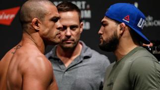 FORTALEZA, BRAZIL - MARCH 10: Opponents Vitor Belfort (L) of Brazil and Kelvin Gastelum of the United States face off during the UFC Fight Night weigh-in at CFO - Centro de Formaco Olmpica on March 10, 2017 in Fortaleza, Brazil. (Photo by Buda Mendes/Zu