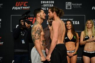 FRESNO, CA - DECEMBER 08: (L-R) Opponents Cub Swanson and Brian Ortega face off during the UFC Fight Night weigh-in inside Valdez Hall on December 8, 2017 in Fresno, California. (Photo by Jeff Bottari/Zuffa LLC/Zuffa LLC via Getty Images)