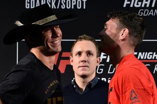GDANSK, POLAND - OCTOBER 19: (L-R) Opponents Donald Cerrone and Darren Till of England face off during the UFC Fight Night Media Day inside Ergo Arena on October 19, 2017 in Gdansk, Poland. (Photo by Jeff Bottari/Zuffa LLC/Zuffa LLC via Getty Images)