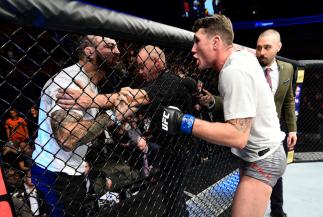 GDANSK, POLAND - OCTOBER 21: (R-L) Darren Till of England has words with Mike Perry after his victory over Donald Cerrone during the UFC Fight Night event inside Ergo Arena on October 21, 2017 in Gdansk, Poland. (Photo by Jeff Bottari/Zuffa LLC/Zuffa LLC