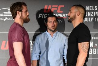 GLASGOW, SCOTLAND - JULY 13: (L-R) Opponents Gunnar Nelson of Iceland and Santiago Ponzinibbio of Argentina face off during the UFC Ultimate Media Day at the Crowne Plaza Glasgow on July 13, 2017 in Glasgow, Scotland. (Photo by Josh Hedges/Zuffa LLC/Zuff
