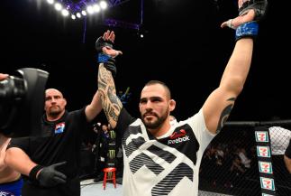 GLASGOW, SCOTLAND - JULY 16:  Santiago Ponzinibbio of Argentina celebrates his victory over Gunnar Nelson of Iceland in their welterweight bout during the UFC Fight Night event at the SSE Hydro Arena Glasgow on July 16, 2017 in Glasgow, Scotland. (Photo b