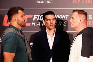 HAMBURG, GERMANY - SEPTEMBER 01: Josh Barnett of the USA and Andrei Arlovski of Belarus poses prior to their Heavyweight Bout during the Ultimate Media Day for the UFC Fight Night held at Barclaycard Arena on September 1, 2016 in Hamburg, Germany. Andre