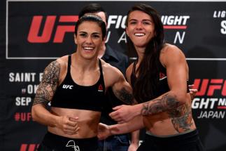 TOKYO, JAPAN - SEPTEMBER 21: (R-L) Opponents Claudia Gadelha of Brazil and Jessica Andrade of Brazil face off during the UFC Fight Night Weigh-in at the Hilton Tokyo on September 21, 2017 in Tokyo, Japan. (Photo by Jeff Bottari/Zuffa LLC/Zuffa LLC via Ge