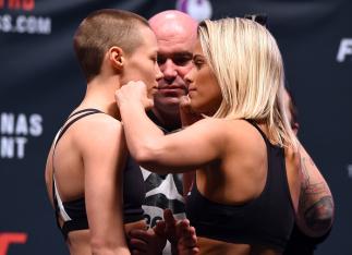 LAS VEGAS, NV - DECEMBER 09: (L-R) Opponents Rose Namajunas and Paige VanZant face off during the UFC Fight Night weigh-in inside MGM Grand Garden Arena on December 9, 2015 in Las Vegas, Nevada. (Photo by Josh Hedges/Zuffa LLC/Zuffa LLC via Getty Images