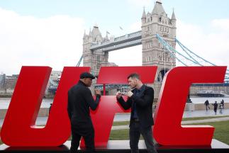 LONDON, ENGLAND - FEBRUARY 25: Michael Bisping (R) and Anderson Silva face off at Tower Bridge on February 25, 2016 in London, England. (Photo by Scott Heavey/Zuffa LLC/Zuffa LLC via Getty Images)