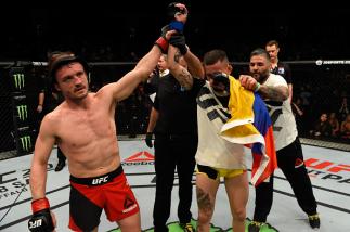 LONDON, ENGLAND - MARCH 18: (L-R) Brad Pickett of England raises Marlon Vera of Ecuador's hand after their bantamweight fight during the UFC Fight Night event at The O2 arena on March 18, 2017 in London, England. (Photo by Josh Hedges/Zuffa LLC/Zuffa LLC