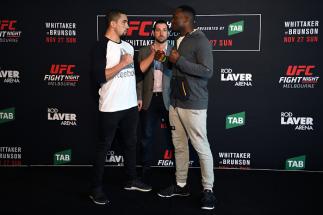 MELBOURNE, AUSTRALIA - NOVEMBER 25: (L-R) Opponents Robert Whittaker of New Zealand and Derek Brunson of the United States face off during the UFC Fight Night Ultimate Media Day at the Melbourne Convention and Exhibition Centre on November 25, 2016 in Me