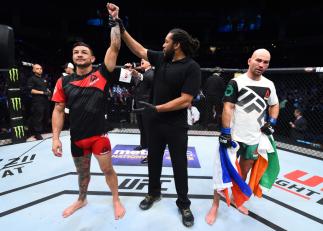 NASHVILLE, TN - APRIL 22:  Cub Swanson reacts after his unanimous-decision victory over Artem Lobov of Russia in their featherweight bout during the UFC Fight Night event at Bridgestone Arena on April 22, 2017 in Nashville, Tennessee. (Photo by Jeff Botta