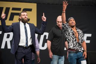 DALLAS, TX - MAY 12: Michael Chiesa faces off with Kevin Lee during the UFC Summer Kickoff Press Conference at the American Airlines Center on May 12, 2017 in Dallas, Texas. (Photo by Cooper Neill/Zuffa LLC/Zuffa LLC via Getty Images)