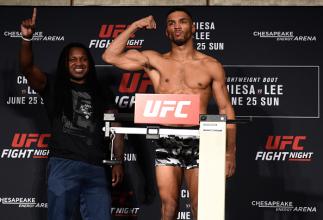 OKLAHOMA CITY, OK - JUNE 24: Kevin Lee poses on the scale during the UFC Fight Night weigh-in on June 24, 2017 in Oklahoma City, Oklahoma. (Photo by Brandon Magnus/Zuffa LLC/Zuffa LLC via Getty Images)