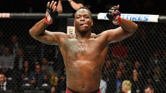 NEW YORK, NY - NOVEMBER 04: Ovince Saint Preux
celebrates his victory over Corey Anderson in their light heavyweight bout during the UFC 217 event at Madison Square Garden on November 4, 2017 in New York City. (Photo by Josh Hedges/Zuffa LLC/Zuffa LLC v