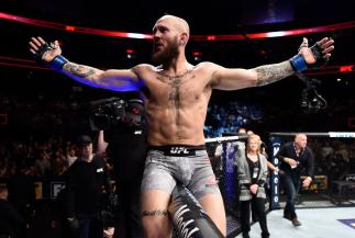 ORLANDO, FL - FEBRUARY 24: Brian Kelleher celebrates after the conclusion of his bantamweight bout against Renan Barao of Brazil during the UFC Fight Night event at Amway Center on February 24, 2018 in Orlando, Florida. (Photo by Jeff Bottari/Zuffa LLC/