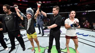 ORLANDO, FL - FEBRUARY 24: Jessica Andrade of Brazil celebrates after her unanimous-decision victory over Tecia Torres in their women's strawweight bout during the UFC Fight Night event at Amway Center on February 24, 2018 in Orlando, Florida. (Photo by