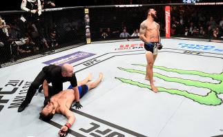 NASHVILLE, TN - APRIL 22: Mike Perry celebrates after his knockout victory over Jake Ellenberger in their welterweight bout during the UFC Fight Night event at Bridgestone Arena on April 22, 2017 in Nashville, Tennessee. (Photo by Jeff Bottari/Zuffa LLC/