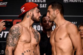PITTSBURGH, PA - SEPTEMBER 15: (L-R) Mike Perry and Alex Reyes face off during the UFC Fight Night Weigh-in on September 15, 2017 in Pittsburgh, Pennsylvania. (Photo by Brandon Magnus/Zuffa LLC/Zuffa LLC via Getty Images)