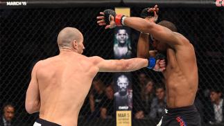 PITTSBURGH, PA - FEBRUARY 21: (L-R) Sean Strickland punches Alex Garcia in their welterweight bout during the UFC Fight Night event at Consol Energy Center on February 21, 2016 in Pittsburgh, Pennsylvania. (Photo by Jeff Bottari/Zuffa LLC/Zuffa LLC via Ge