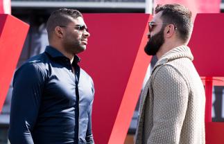 ROTTERDAM, NETHERLANDS - MAY 06: (L-R) Opponents Alistair Overeem of The Netherlands and Andrei Arlovski of Belarus face off outside Ahoy Rotterdam on May 6, 2016 in Rotterdam, Netherlands. (Photo by Josh Hedges/Zuffa LLC/Zuffa LLC via Getty Images)