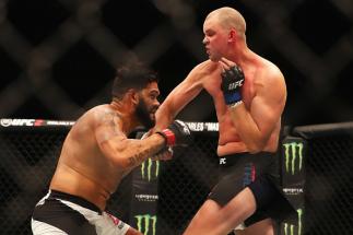 ROTTERDAM, NETHERLANDS - MAY 08: Stefan Struve of the Netherlands lands a blow on his way to victory over Antonio "Bigfoot" Silva of Brazil in their Heavyweight bout during the UFC Fight Night 87 at Ahoy on May 8, 2016 in Rotterdam, Netherlands. (Photo