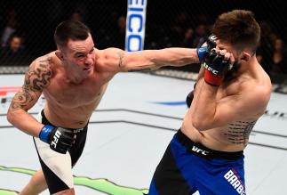 SACRAMENTO, CA - DECEMBER 17: (L-R) Colby Covington punches Bryan Barberena in their welterweight bout during the UFC Fight Night event inside the Golden 1 Center Arena on December 17, 2016 in Sacramento, California. (Photo by Jeff Bottari/Zuffa LLC/Zuff