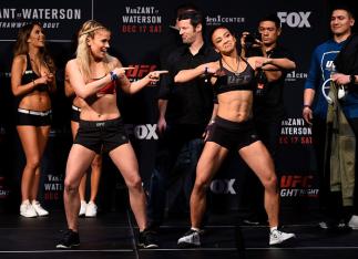 SACRAMENTO, CA - DECEMBER 16: (L-R) Paige VanZant and Michelle Waterson pose for photos during the UFC Fight Night weigh-in inside the Golden 1 Center Arena on December 16, 2016 in Sacramento, California. (Photo by Jeff Bottari/Zuffa LLC/Zuffa LLC via Ge