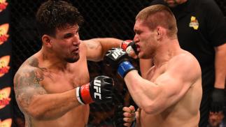 SAN DIEGO, CA - JULY 15: (L-R) Frank Mir punches Todd Duffee in their heavyweight bout during the UFC event at the Valley View Casino Center on July 15, 2015 in San Diego, California. (Photo by Jeff Bottari/Zuffa LLC/Zuffa LLC via Getty Images)