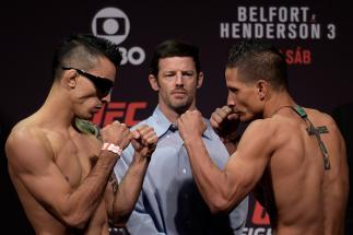 SAO PAULO, BRAZIL - NOVEMBER 06: (L-R) Opponents Thomas Almeida of Brazil and Anthony Birchak of the United States face off during the UFC Fight Night weigh-in at Ibirapuera Gymnasium on November 06, 2015 in Sao Paulo, Brazil. (Photo by Buda Mendes/Zuff