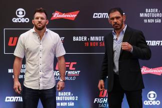 SAO PAULO, BRAZIL - NOVEMBER 17: Light heavyweight fighters Rogerio Nogueira (R) of Brazil and Ryan Bader of the United States pose for photographers during Ultimate Media Day at Renaissance Hotel on November 17, 2016 in Sao Paulo, Brazil. (Photo by Bud