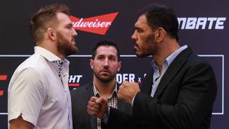 SAO PAULO, BRAZIL - NOVEMBER 17: Light heavyweight fighters Rogerio Nogueira (R) of Brazil and Ryan Bader of the United States face off during Ultimate Media Day at Renaissance Hotel on November 17, 2016 in Sao Paulo, Brazil. (Photo by Buda Mendes/Zuffa