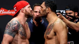 SAO PAULO, BRAZIL - NOVEMBER 18: Opponents Rogerio Nogueira (R) of Brazil and Ryan Bader of the United States face off during the UFC Fight Night weigh-in at Ibirapuera gymnasium on November 18, 2016 in Sao Paulo, Brazil. (Photo by Buda Mendes/Zuffa LLC/Z