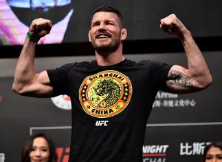 SHANGHAI, CHINA - NOVEMBER 24: Michael Bisping of England poses on the scale during the UFC Fight Night weigh-in on November 24, 2017 in Shanghai, China. (Photo by Brandon Magnus/Zuffa LLC via Getty Images)