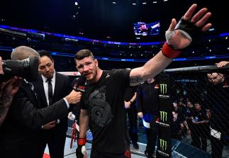 SHANGHAI, CHINA - NOVEMBER 25: Michael Bisping of England is interviewed after his knockout loss to Kelvin Gastelum in their middleweight bout during the UFC Fight Night event inside the Mercedes-Benz Arena on November 25, 2017 in Shanghai, China. (Photo
