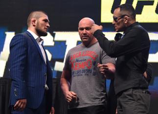 LAS VEGAS, NV - MARCH 04: (L-R) Opponents Khabib Nurmagomedov and Tony Ferguson face off during the UFC Unstoppable launch press conference at the MGM Grand Garden Arena on March 4, 2016 in Las Vegas, Nevada. (Photo by Josh Hedges/Zuffa LLC/Zuffa LLC via