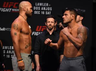 WINNIPEG, CANADA - DECEMBER 15: (L-R) Robbie Lawler and Rafael Dos Anjos face off during the UFC Fight Night weigh-in on December 15, 2017 in Winnipeg, Canada. (Photo by Josh Hedges/Zuffa LLC/Zuffa LLC via Getty Images)