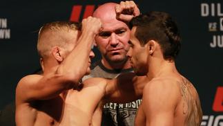 (L-R) TJ Dillashaw and Renan Barao of Brazil face off during the UFC weigh-in at the United Center on July 24, 2015 in Chicago, Illinois. (Photo by Rey Del Rio/Zuffa LLC/Zuffa LLC via Getty Images)