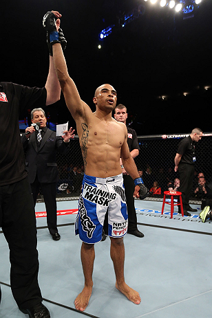 NOTTINGHAM, ENGLAND - SEPTEMBER 29: Robbie Peralta reacts after knocking out Jason Young during their featherweight fight at the UFC on Fuel TV event at Capital FM Arena on September 29, 2012 in Nottingham, England. (Photo by Josh Hedges/Zuffa LLC/Zuffa