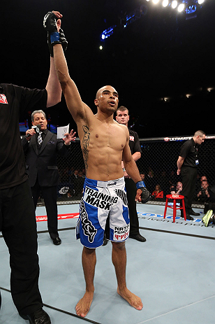 NOTTINGHAM, ENGLAND - SEPTEMBER 29:  Robbie Peralta reacts after knocking out Jason Young during their featherweight fight at the UFC on Fuel TV event at Capital FM Arena on September 29, 2012 in Nottingham, England.  (Photo by Josh Hedges/Zuffa LLC/Zuffa