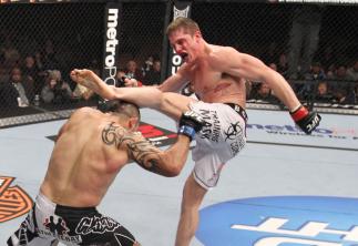 LAS VEGAS, NV - FEBRUARY 04: (R-L) Matt Riddle kicks Henry Martinez during the UFC 143 event at Mandalay Bay Events Center on February 4, 2012 in Las Vegas, Nevada. (Photo by Nick Laham/Zuffa LLC/Zuffa LLC via Getty Images) *** Local Caption *** Matt Ri